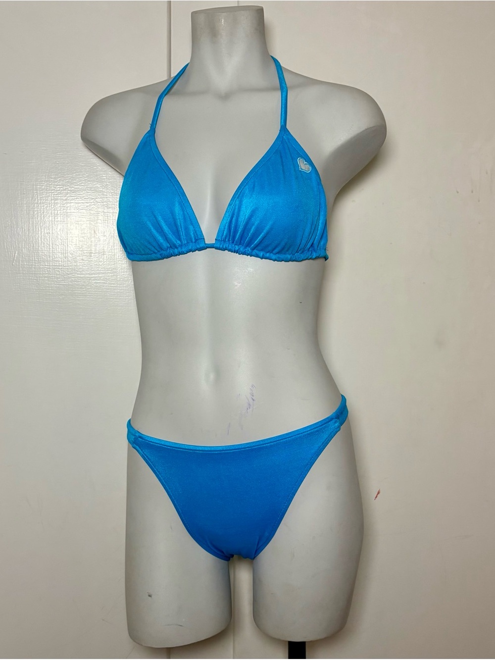 Vintage 90s Avon Blue String Triangle Bikini With Heart Tanning Cut Out